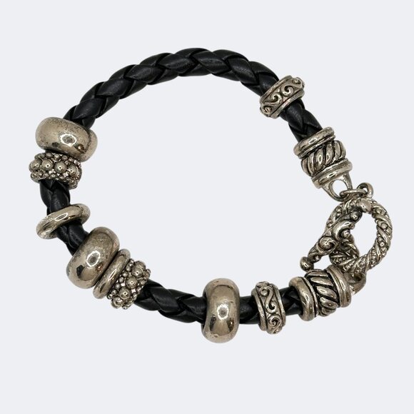 Vintage Black Braided Leather Bracelet with Silver-Tone Beads & Toggle Clasp - Picture 3 of 9